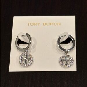 Tory Burch Silver Pave Hoop Earrings with Crystal Accents